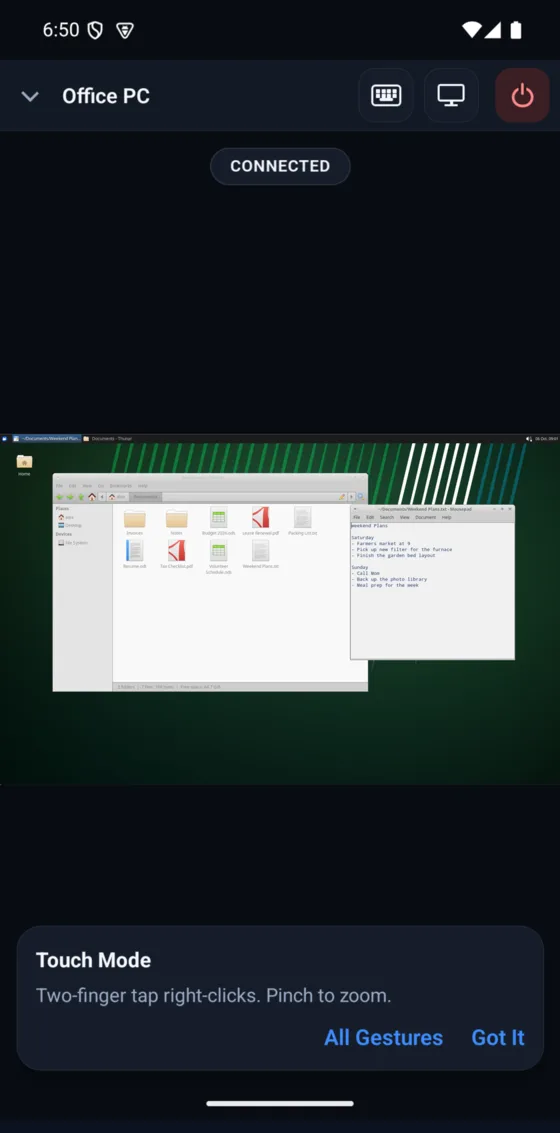 NomadVNC on a phone in Touch mode, connected to Office PC